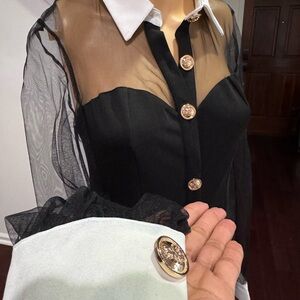 Fashion Nova Chic Sheer Black and White Maxi Dress with Gold Buttons